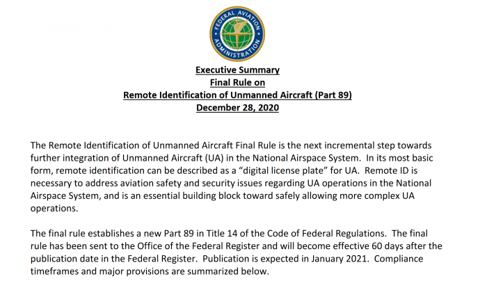 FAA公布无人接远程识别最终规定